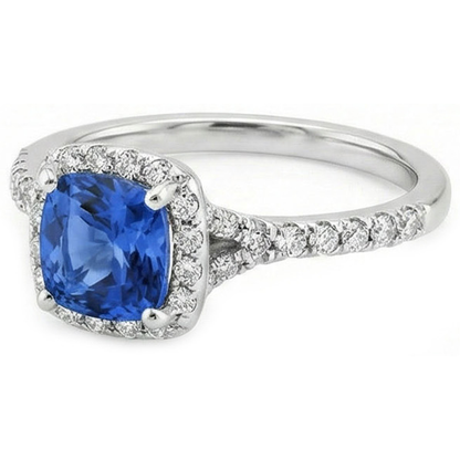4.10 Ct Cushion Sri Lankan Sapphire And Round Natural Earth Mined Diamonds Ring White Gold