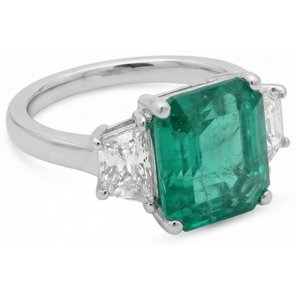 4.25 Carats Green Emerald GIA Natural Earth Mined Diamond Three Stone Ring White Gold 14K New