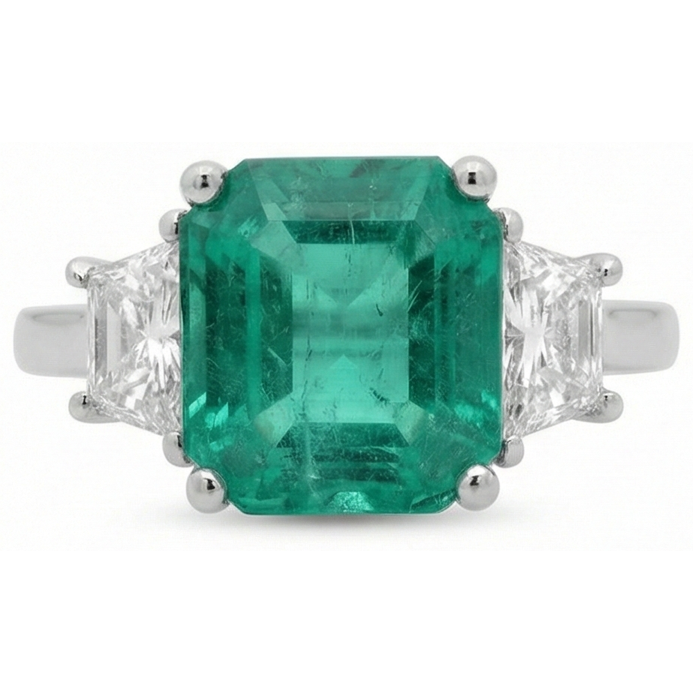 4.25 Carats Green Emerald GIA Natural Earth Mined Diamond Three Stone Ring White Gold 14K New