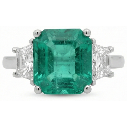 4.25 Carats Green Emerald GIA Natural Earth Mined Diamond Three Stone Ring White Gold 14K New