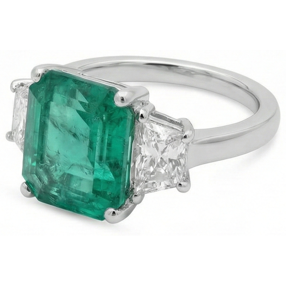 4.25 Carats Green Emerald GIA Natural Earth Mined Diamond Three Stone Ring White Gold 14K New