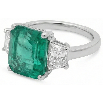 4.25 Carats Green Emerald GIA Natural Earth Mined Diamond Three Stone Ring White Gold 14K New