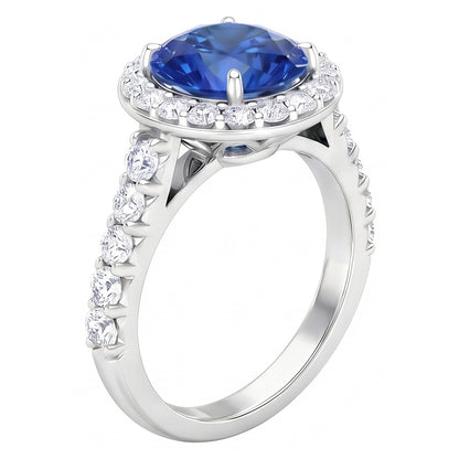 4.25 Carats Prong Set Sapphire And Natural Earth Mined Diamonds Ring White Gold 14K