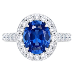 4.25 Carats Prong Set Sapphire And Natural Earth Mined Diamonds Ring White Gold 14K
