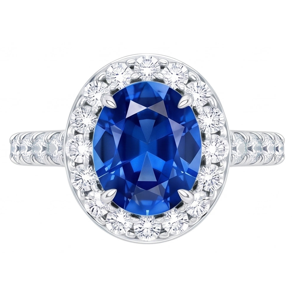 4.25 Carats Prong Set Sapphire And Natural Earth Mined Diamonds Ring White Gold 14K