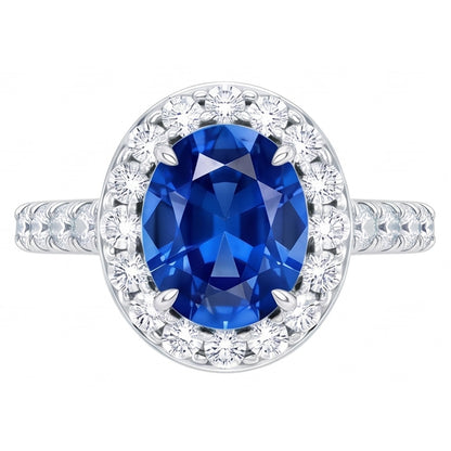 4.25 Carats Prong Set Sapphire And Natural Earth Mined Diamonds Ring White Gold 14K