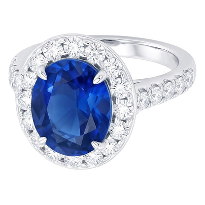 4.25 Carats Prong Set Sapphire And Natural Earth Mined Diamonds Ring White Gold 14K