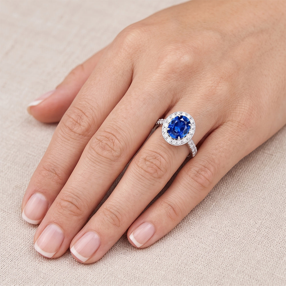 4.25 Carats Prong Set Sapphire And Natural Earth Mined Diamonds Ring White Gold 14K
