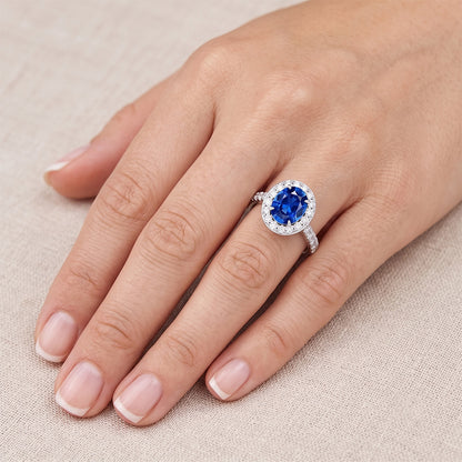 4.25 Carats Prong Set Sapphire And Natural Earth Mined Diamonds Ring White Gold 14K