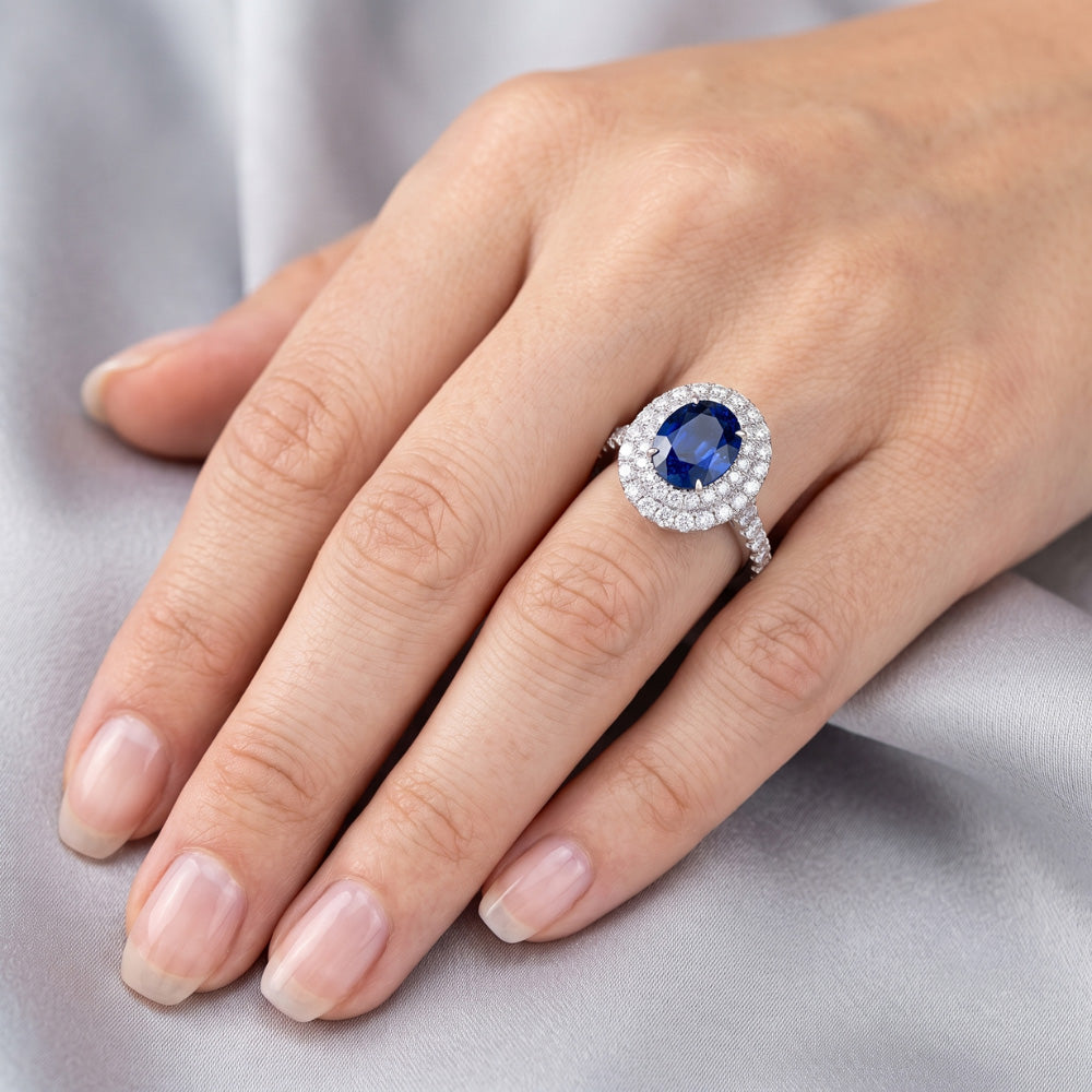4.25 Carats Solitaire With Accent Sapphire Natural Earth Mined Diamonds Ring White Gold