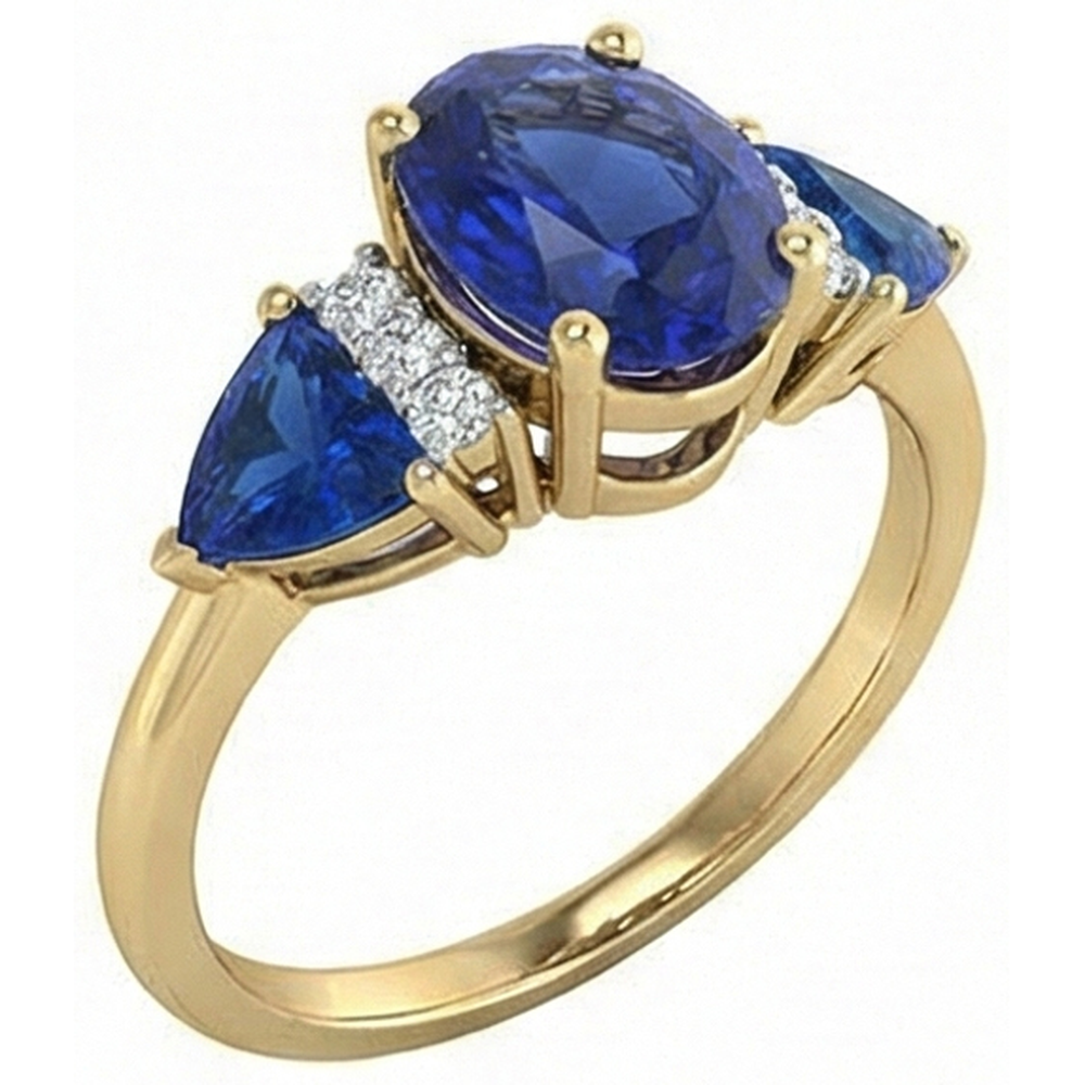 4.25 Ct. Oval Trillion Ceylon Sapphire And Natural Earth Mined Diamonds Ring 3 Stone