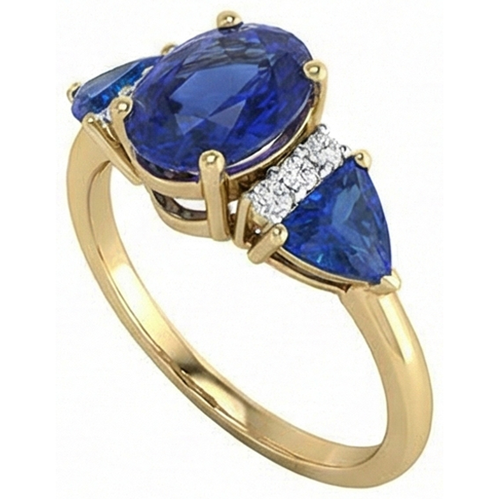 4.25 Ct. Oval Trillion Ceylon Sapphire And Natural Earth Mined Diamonds Ring 3 Stone