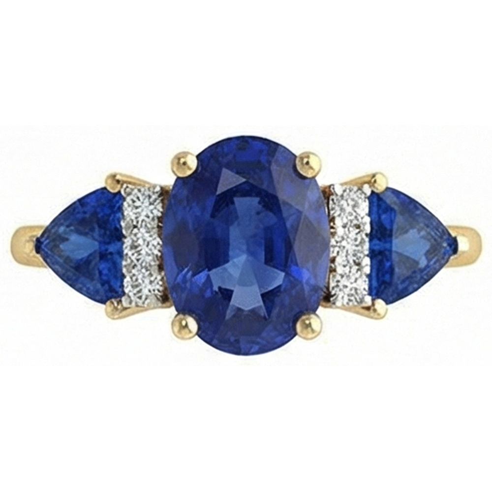 4.25 Ct. Oval Trillion Ceylon Sapphire And Natural Earth Mined Diamonds Ring 3 Stone