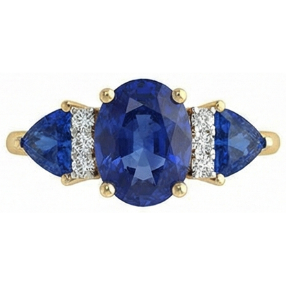 4.25 Ct. Oval Trillion Ceylon Sapphire And Natural Earth Mined Diamonds Ring 3 Stone