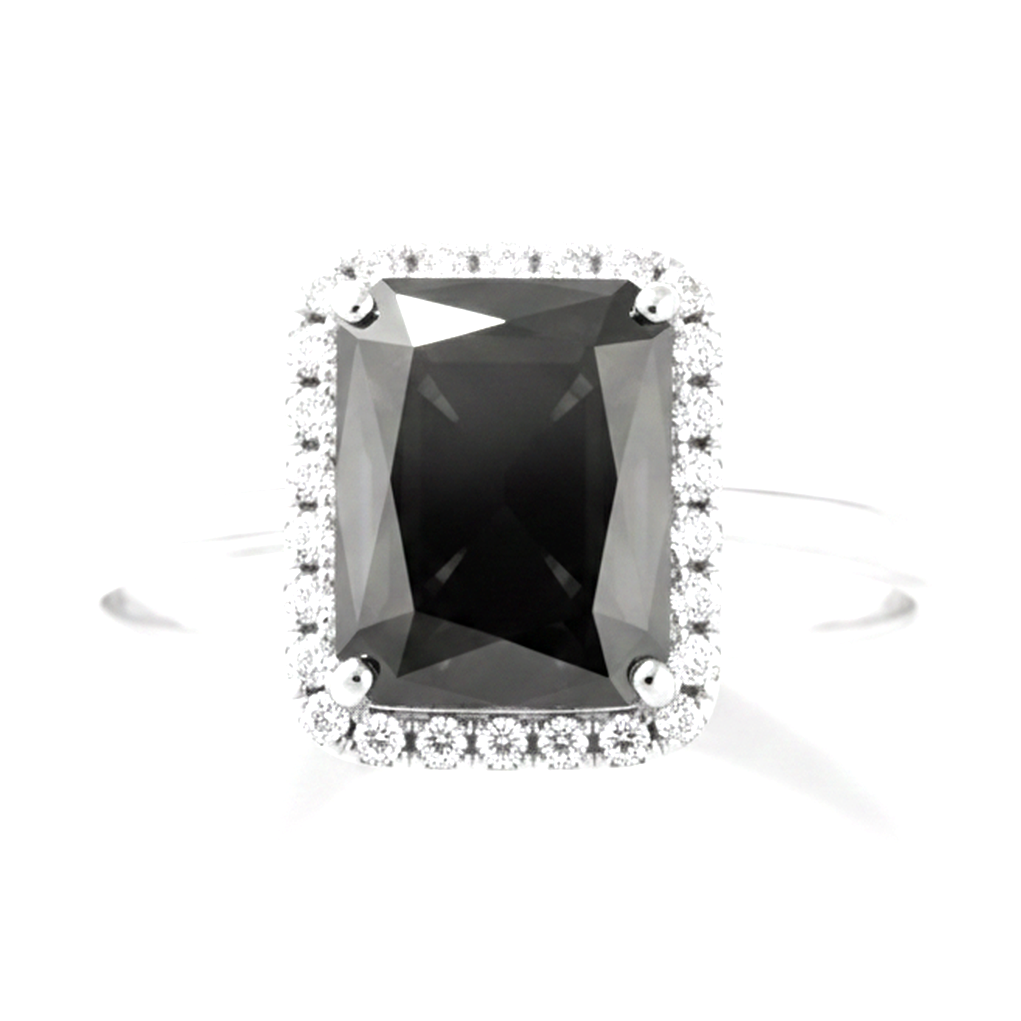 2.5 Carat Radiant Black Diamond and White Diamond Halo Ring Natural 14K White Gold