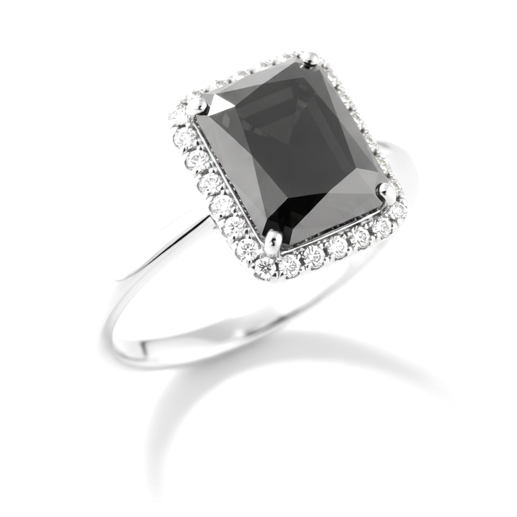 2.5 Carat Radiant Black Diamond and White Diamond Halo Ring Natural 14K White Gold