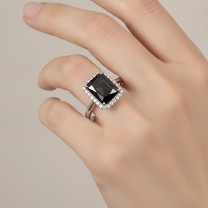 2.5 Carat Radiant Black Diamond and White Diamond Halo Ring Natural 14K White Gold