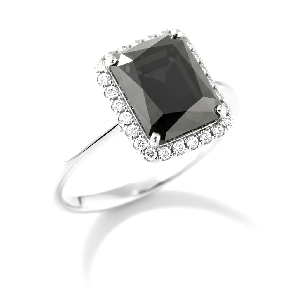 2.5 Carat Radiant Black Diamond and White Diamond Halo Ring Natural 14K White Gold