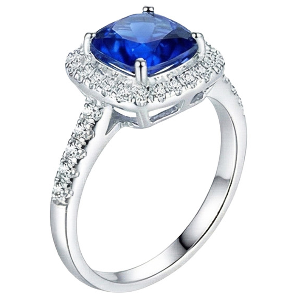 4.30 Ct Ring Cushion Ceylon Blue Sapphire And Round Natural Earth Mined Diamonds