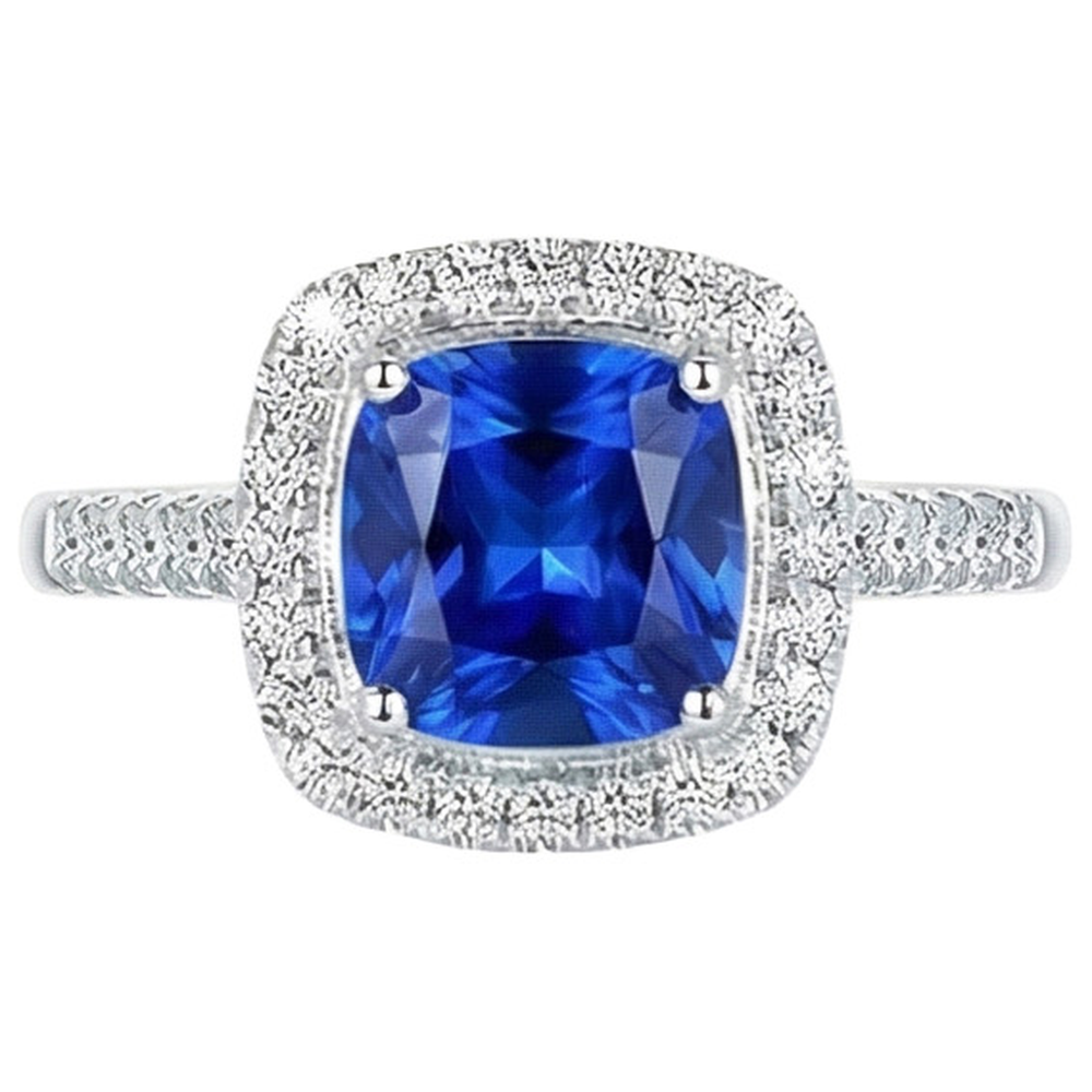 4.30 Ct Ring Cushion Ceylon Blue Sapphire And Round Natural Earth Mined Diamonds