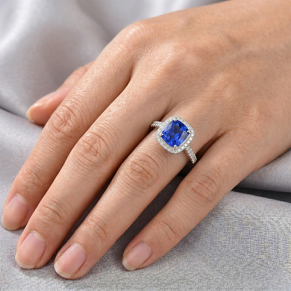 4.30 Ct Ring Cushion Ceylon Blue Sapphire And Round Natural Earth Mined Diamonds