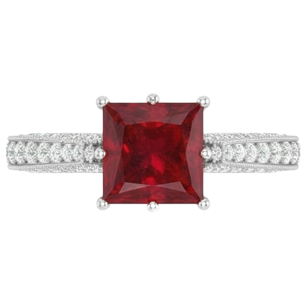 4.35 Carats Princess Cut Ruby With Round Natural Earth Mined Diamonds Ring White Gold