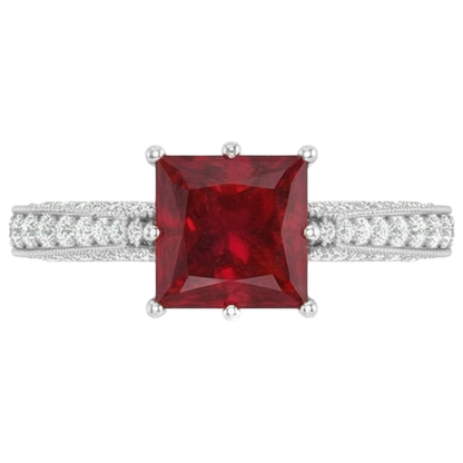 4.35 Carats Princess Cut Ruby With Round Natural Earth Mined Diamonds Ring White Gold