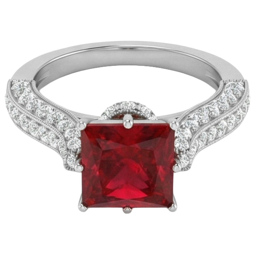 4.35 Carats Princess Cut Ruby With Round Natural Earth Mined Diamonds Ring White Gold