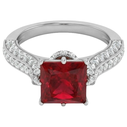 4.35 Carats Princess Cut Ruby With Round Natural Earth Mined Diamonds Ring White Gold
