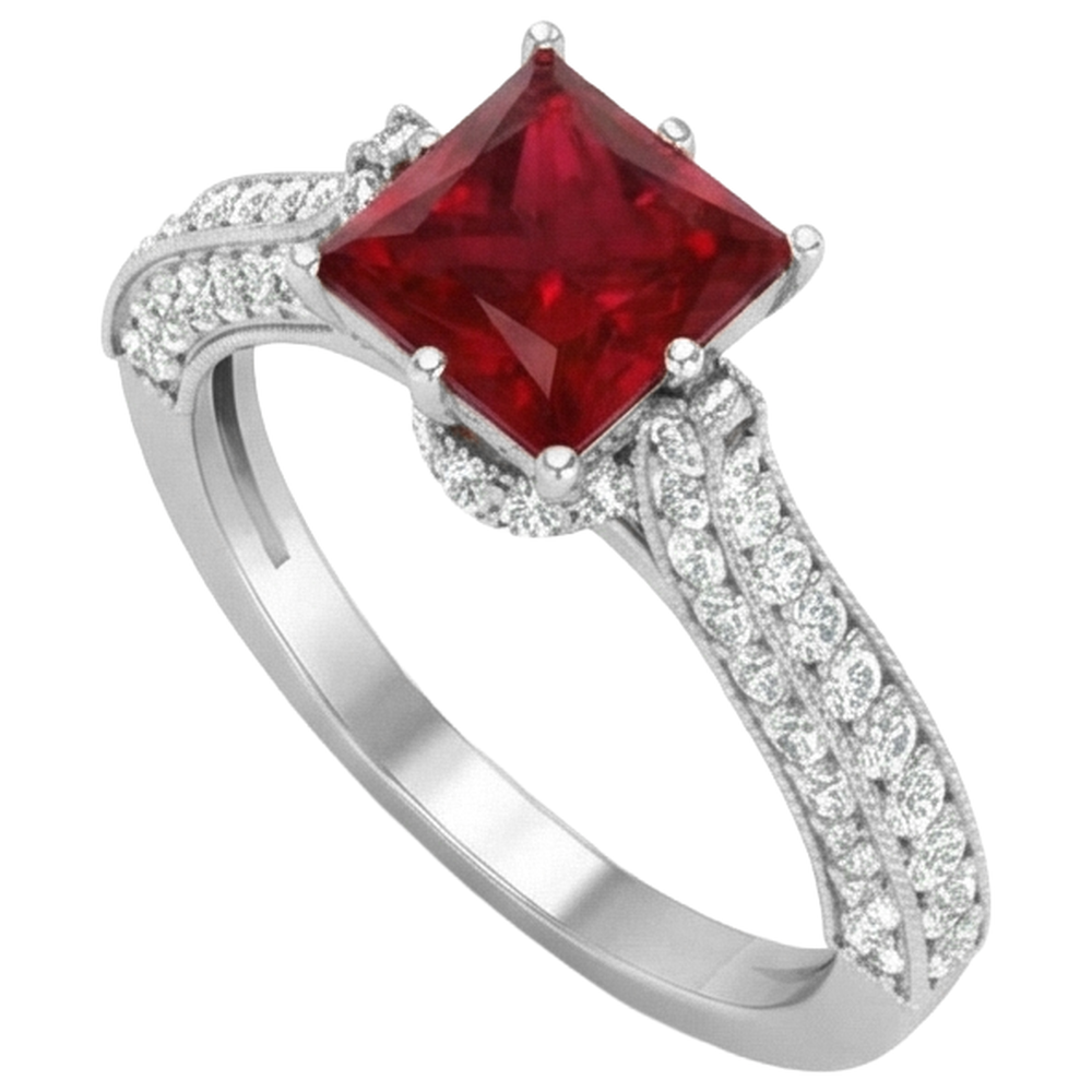 4.35 Carats Princess Cut Ruby With Round Natural Earth Mined Diamonds Ring White Gold