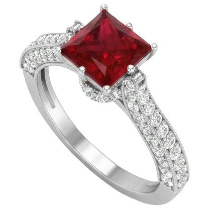 4.35 Carats Princess Cut Ruby With Round Natural Earth Mined Diamonds Ring White Gold