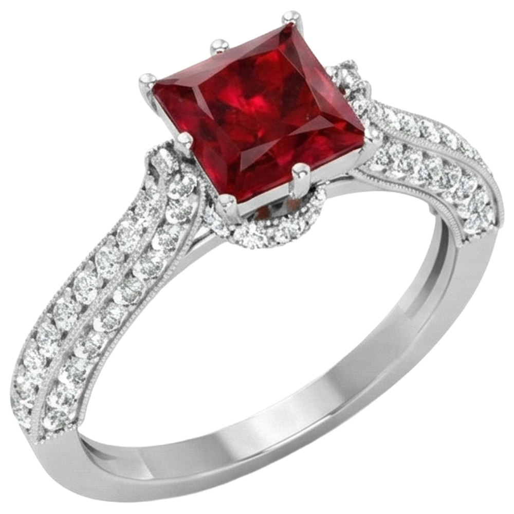 4.35 Carats Princess Cut Ruby With Round Natural Earth Mined Diamonds Ring White Gold