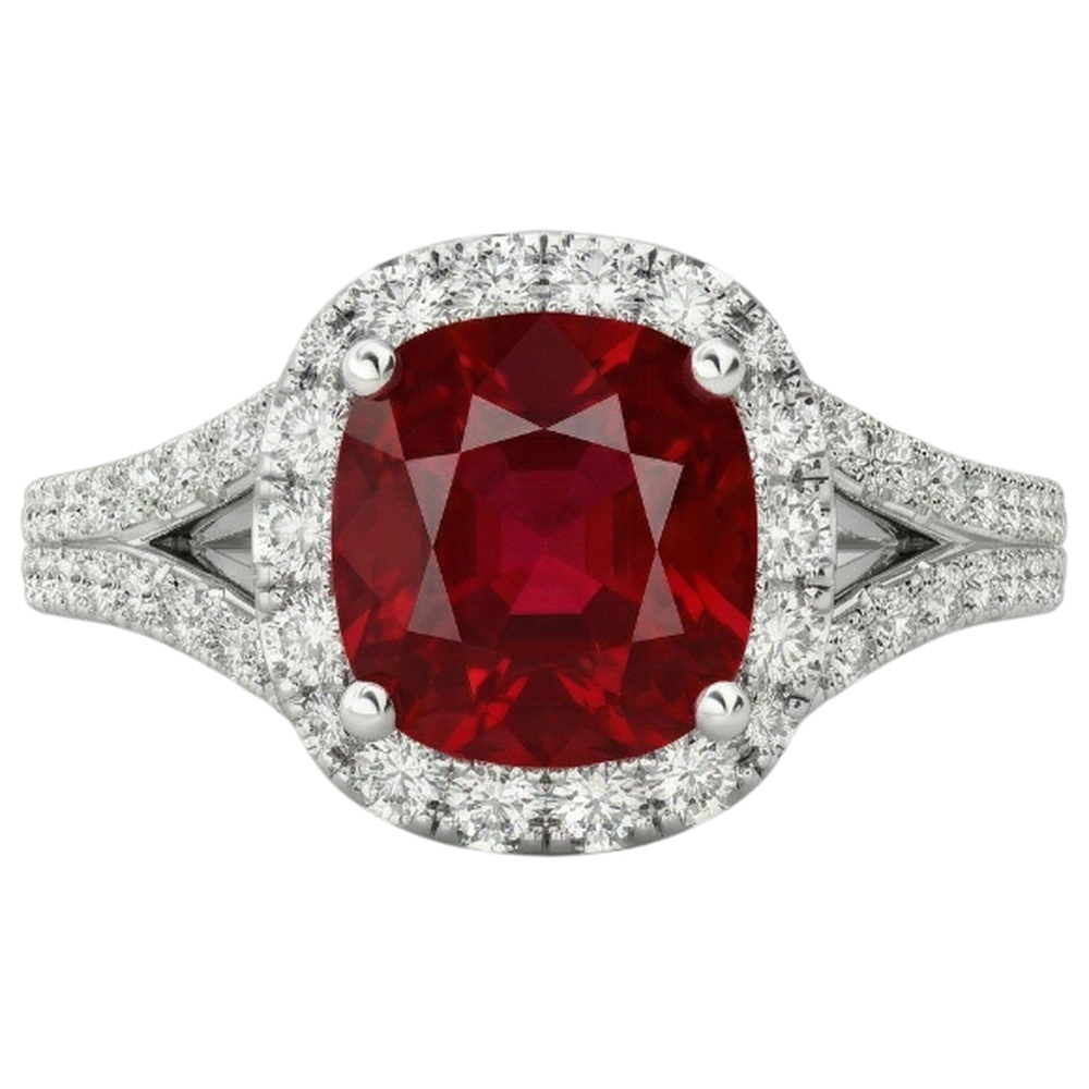 4.35 Ct Halo Ruby And Natural Earth Mined Diamonds Ring Split Shank White Gold 14K