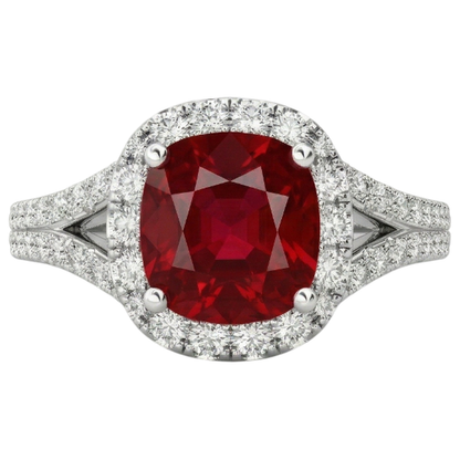 4.35 Ct Halo Ruby And Natural Earth Mined Diamonds Ring Split Shank White Gold 14K