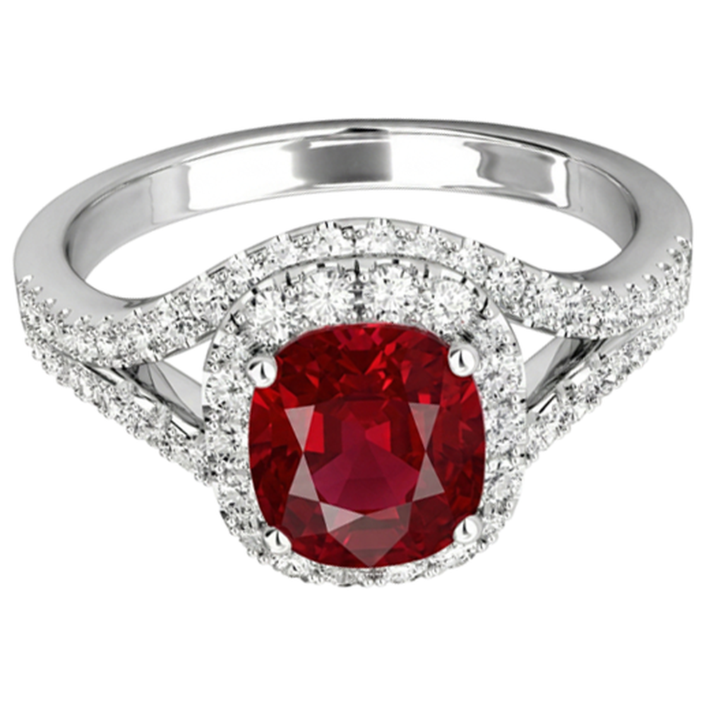 4.35 Ct Halo Ruby And Natural Earth Mined Diamonds Ring Split Shank White Gold 14K