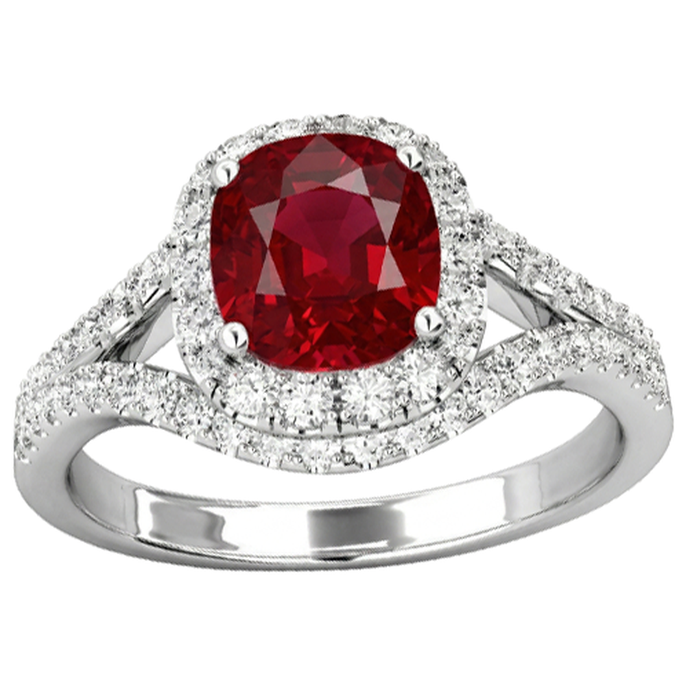4.35 Ct Halo Ruby And Natural Earth Mined Diamonds Ring Split Shank White Gold 14K