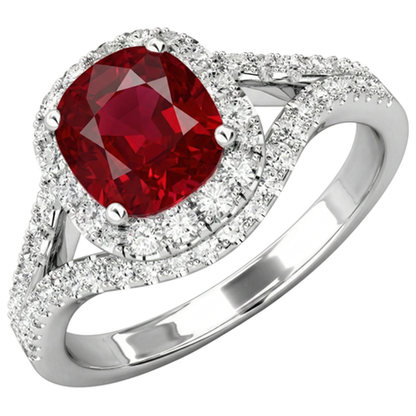 4.35 Ct Halo Ruby And Natural Earth Mined Diamonds Ring Split Shank White Gold 14K