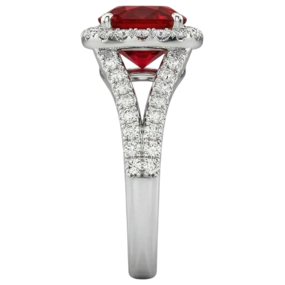 4.35 Ct Halo Ruby And Natural Earth Mined Diamonds Ring Split Shank White Gold 14K