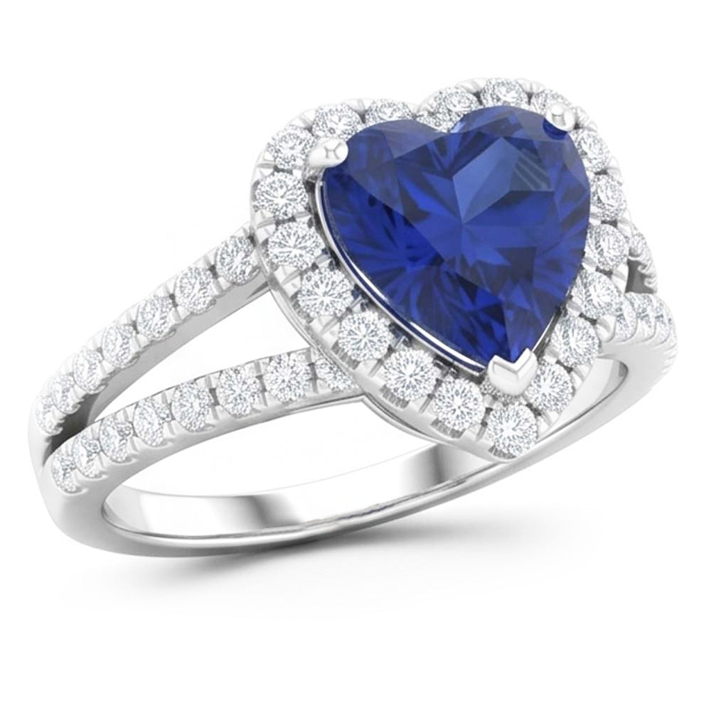4.45 Ct Blue Heart Cut Sapphire And Natural Earth Mined Diamond Fancy Ring White Gold 14K