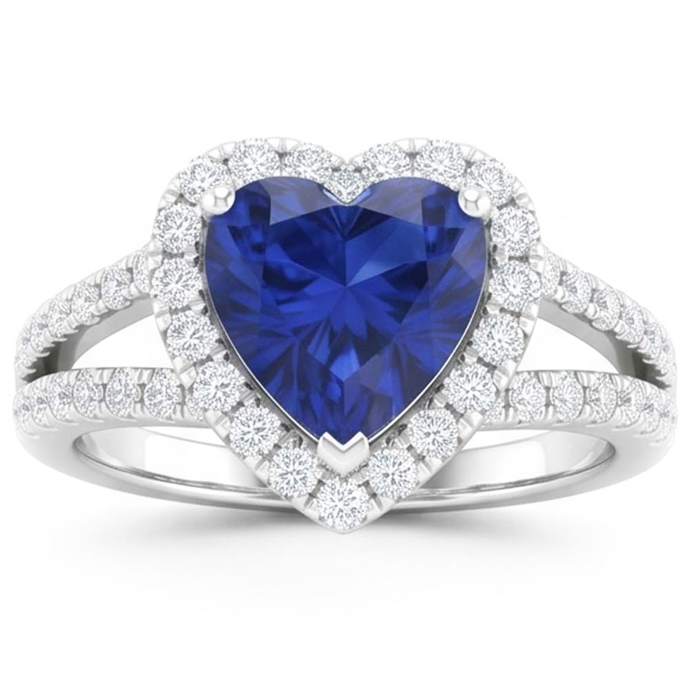 4.45 Ct Blue Heart Cut Sapphire And Natural Earth Mined Diamond Fancy Ring White Gold 14K