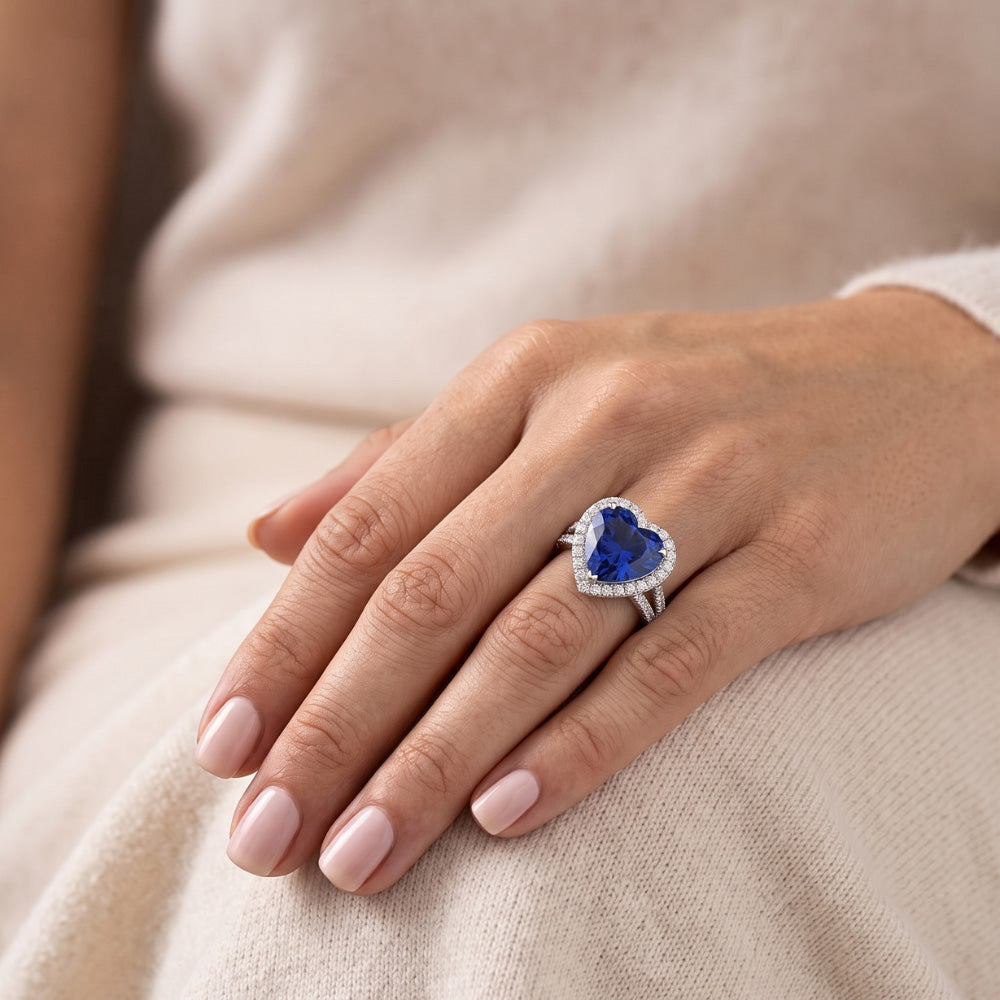 4.45 Ct Blue Heart Cut Sapphire And Natural Earth Mined Diamond Fancy Ring White Gold 14K