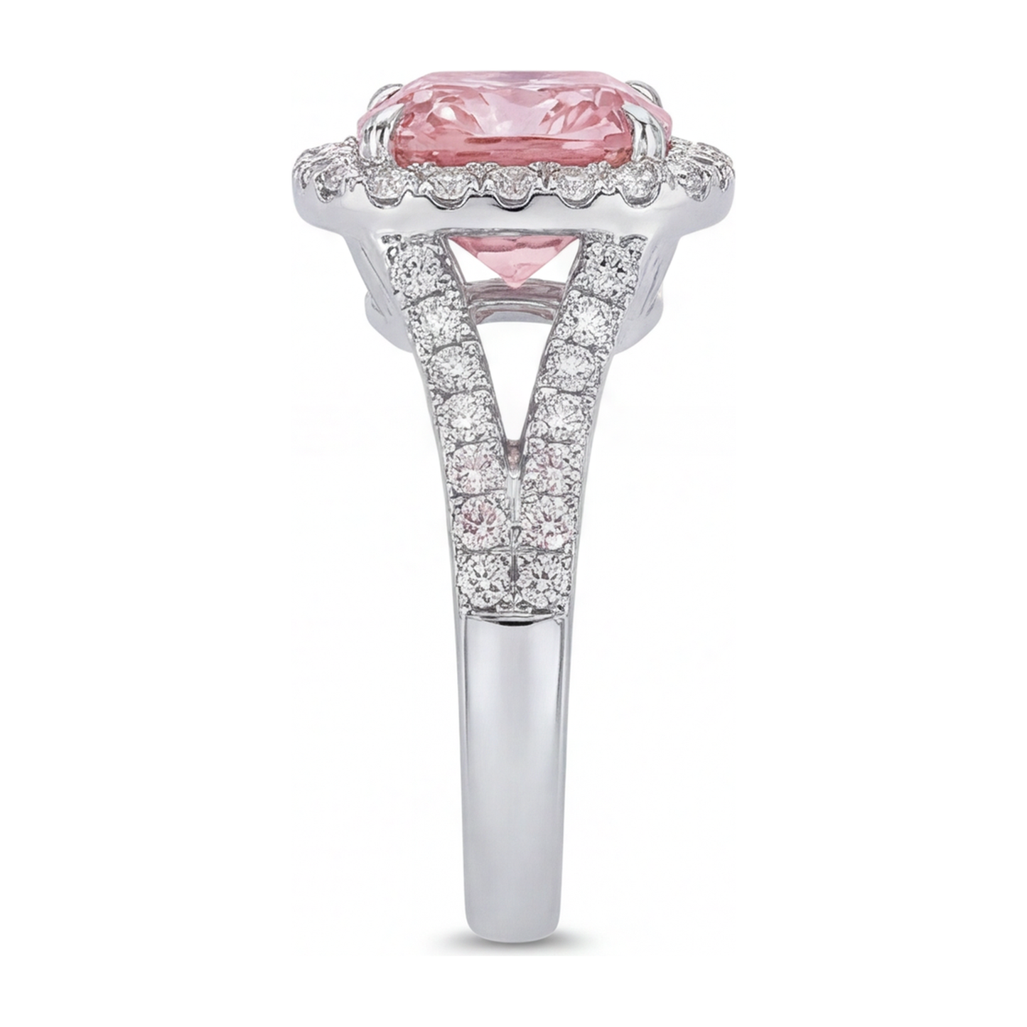 4.5 Carat Cushion Pink Lab Grown Diamond and White Diamond Halo Ring 14K White Gold