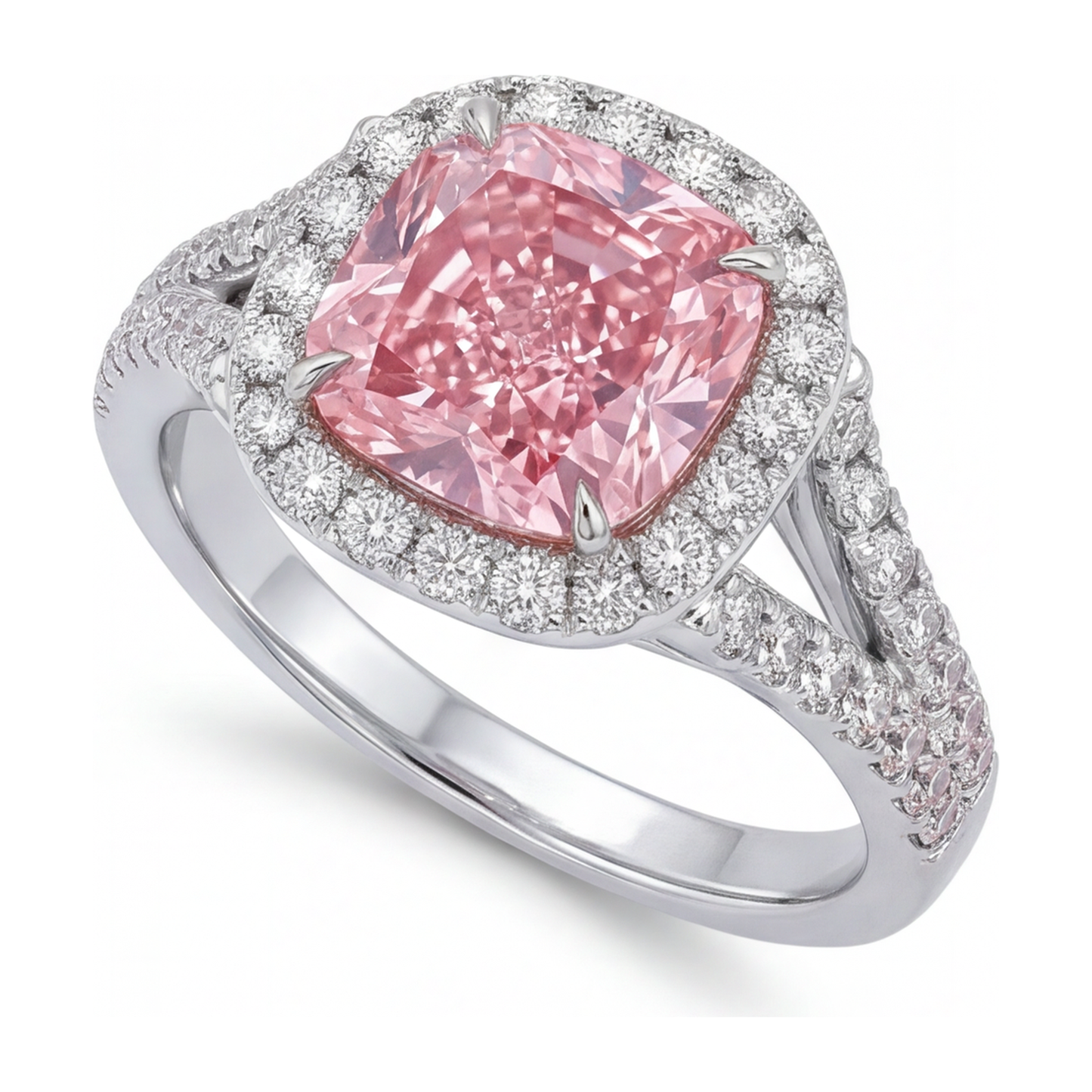 4.5 Carat Cushion Pink Lab Grown Diamond and White Diamond Halo Ring 14K White Gold