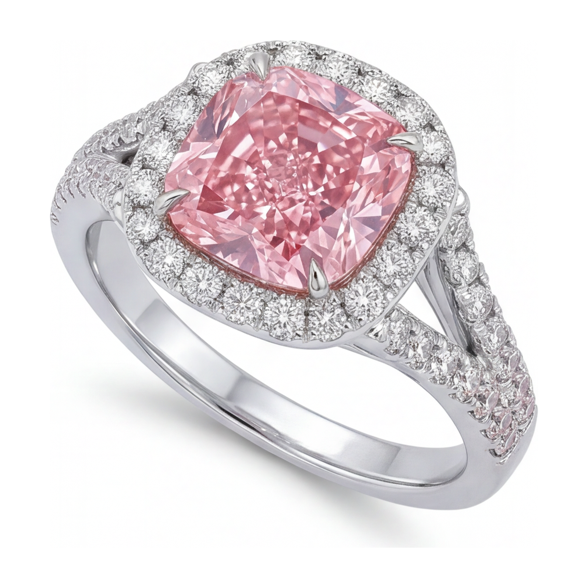 4.5 Carat Cushion Pink Lab Grown Diamond and White Diamond Halo Ring 14K White Gold