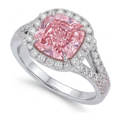 4.5 Carat Cushion Pink Lab Grown Diamond and White Diamond Halo Ring 14K White Gold