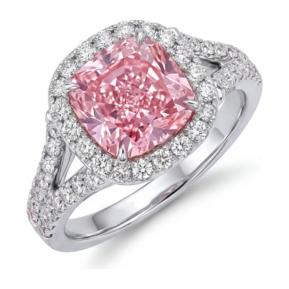 4.5 Carat Cushion Pink Lab Grown Diamond and White Diamond Halo Ring 14K White Gold