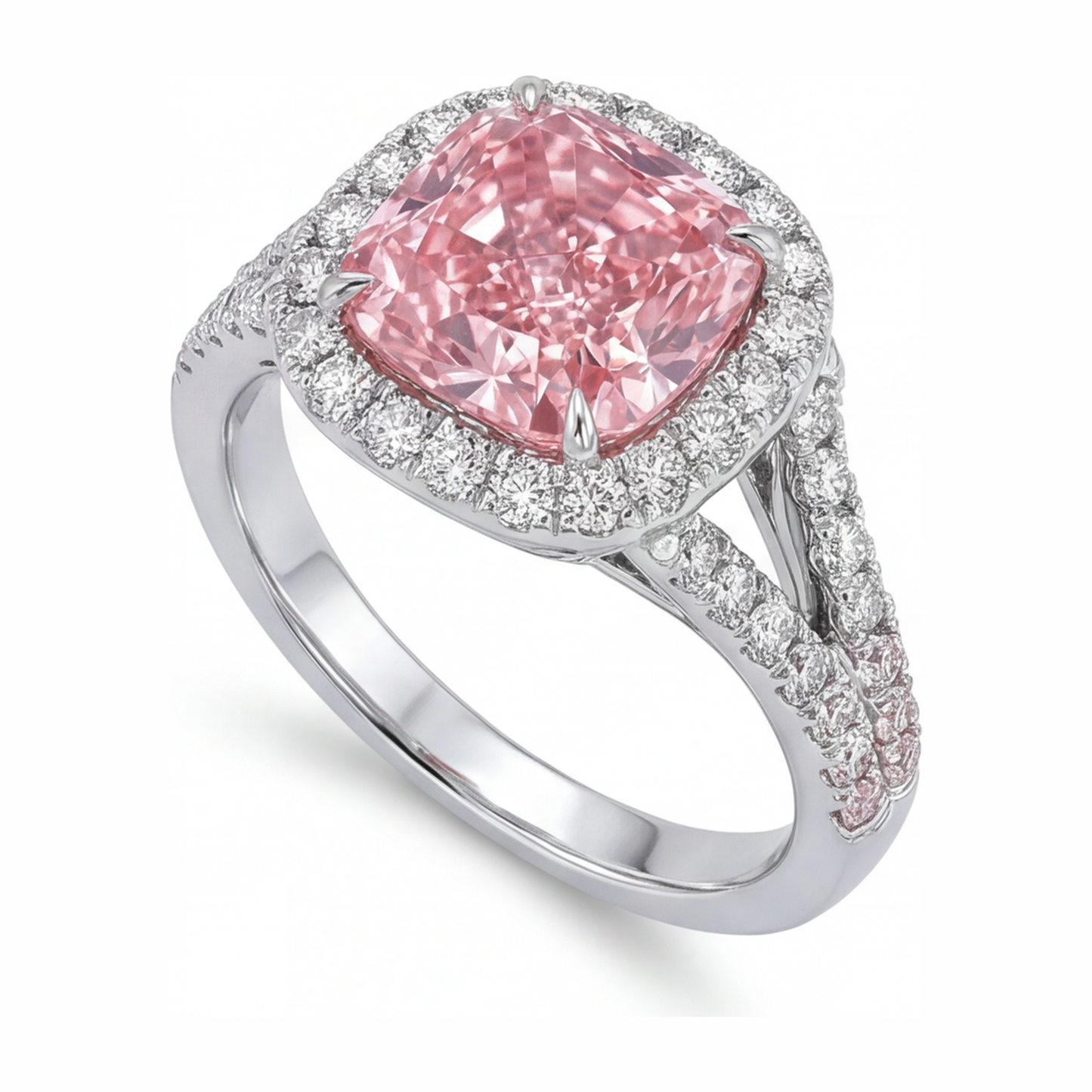 4.5 Carat Cushion Pink Lab Grown Diamond and White Diamond Halo Ring 14K White Gold