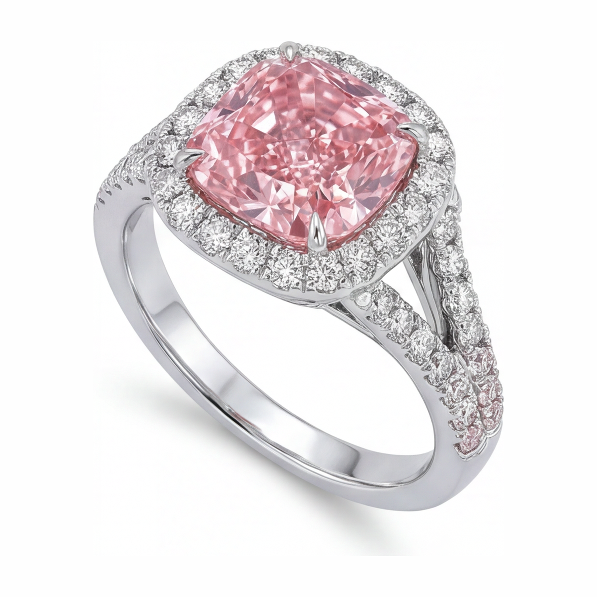 4.5 Carat Cushion Pink Lab Grown Diamond and White Diamond Halo Ring 14K White Gold