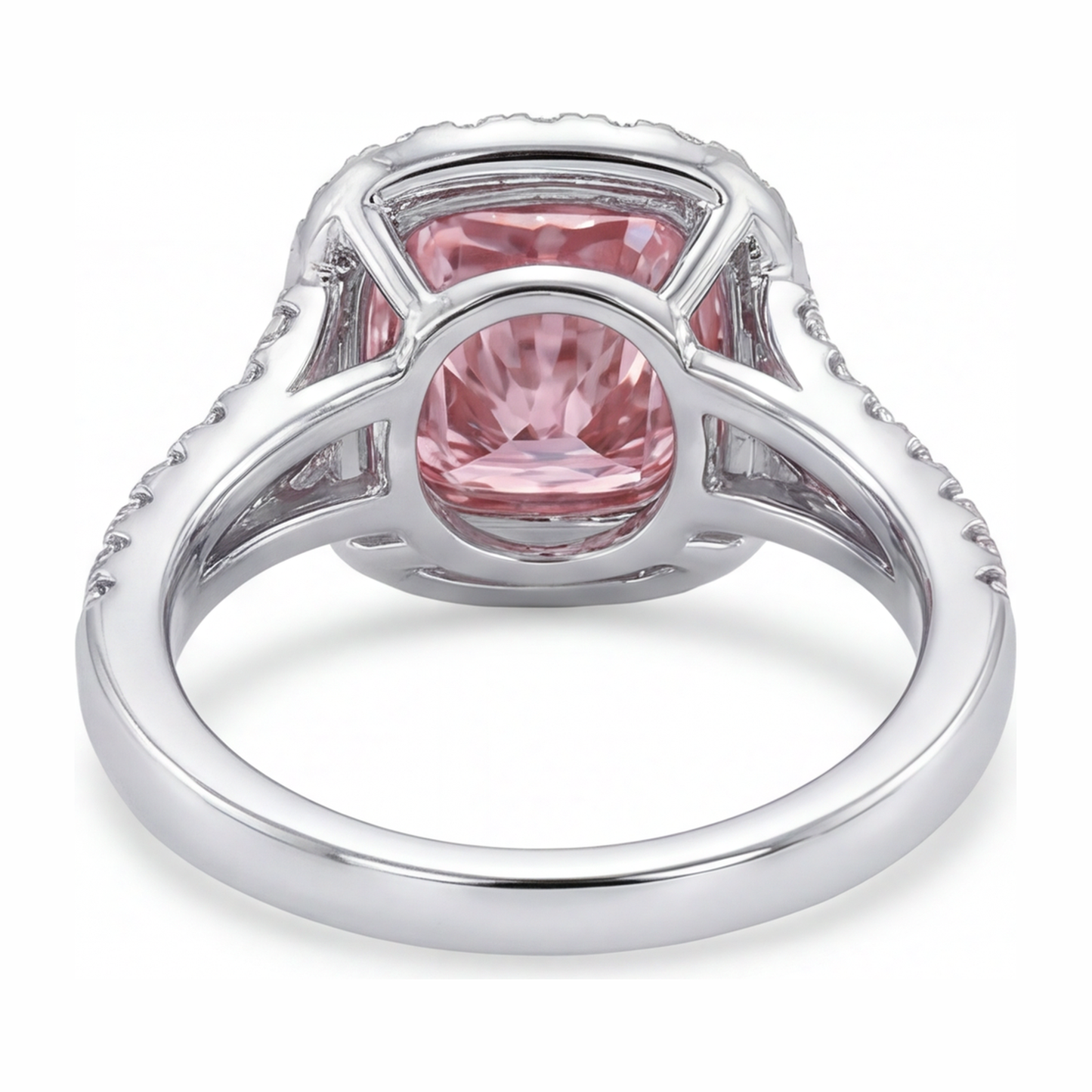 4.5 Carat Cushion Pink Lab Grown Diamond and White Diamond Halo Ring 14K White Gold