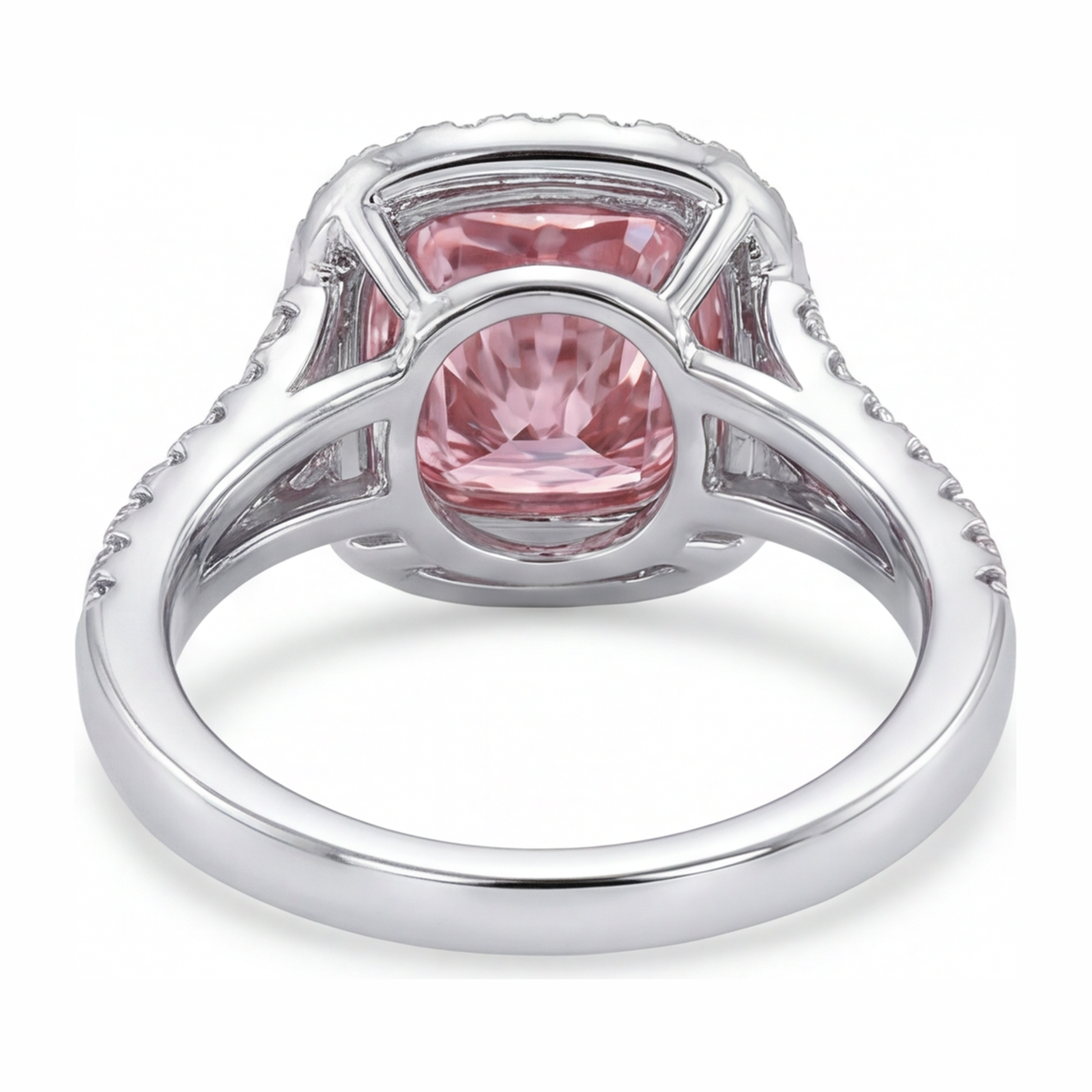 4.5 Carat Cushion Pink Lab Grown Diamond and White Diamond Halo Ring 14K White Gold